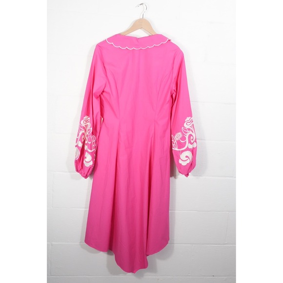 SHEIN Midi Dress Women Large Pink Scallop Collar Floral Embroidery Puff Sleeve - Picture 4 of 5